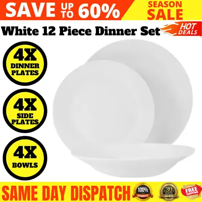 $8.95 • Buy 12 Piece White Dinner Set: 4x Dinner Plates 4x Side Plates 4x Bowls Dining White