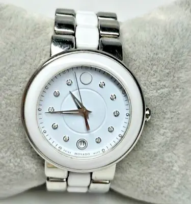 $427.31 • Buy Movado Womens $2495 Diamonds Silver-white Ceramic Ss Swiss Watch Cerena 0606625