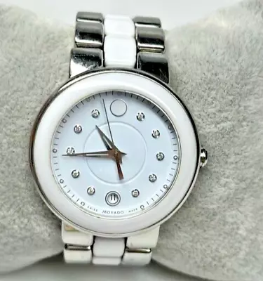 Movado Womens $2495 Diamonds Silver-white Ceramic Ss Swiss Watch Cerena 0606625 • $406.23