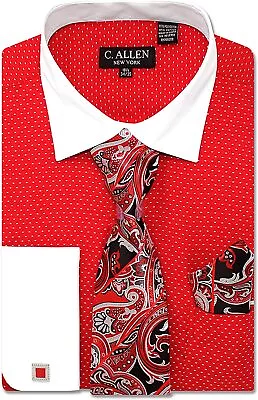 C. Allen Men's Pin Dot Pattern Regular Fit French Cuffs Dress Shirts With Tie Ha • $113.57