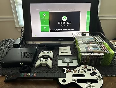 Xbox 360 S 250GB Black 1439 Console W 2 Controllers Kinect Guitar + 34 Games! • $175