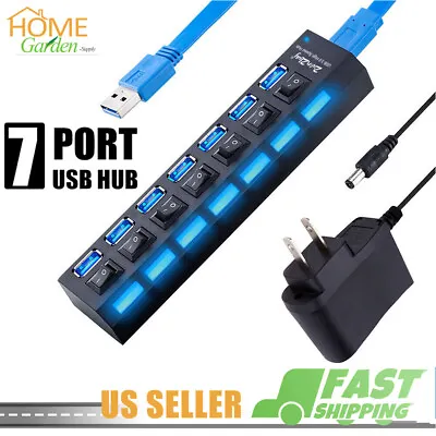 USB 3.0 Hub 7 Port On/Off Switch High Speed Splitter AC Adapter Cable PC Laptop • $10.99