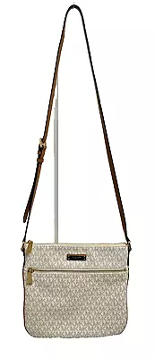 MICHAEL KORS Jet Set Monogram Vanilla Flat Handbag Purse White Brn Crossbody NEW • $86