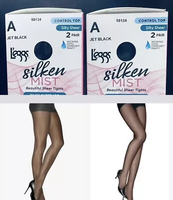 $10 • Buy Lot Of 2  (4 Pairs) Leggs Silken Mist Size A Jet Black Control Top Pantyhose