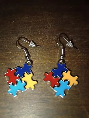Autism Awareness Colorful Enamel Puzzle Piece Fishhook Dangle Earrings Free Ship • $9.95