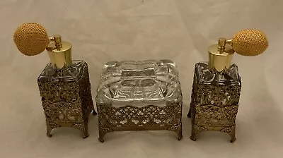 Vintage Vanity Set Ornate Gold Ormolu Footed Jewelry Box & Perfume Bottles NIB • $29.99