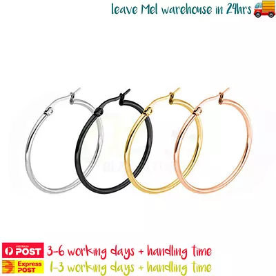 $7.99 • Buy 1 Pair Hoop Earrings Stainless Steel Hooped Ear Piercing Jewellery 10-80mm