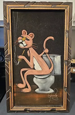 Vintage PINK PANTHER Black Velvet Painting Signed Framed Rustic Wood 23x14 RARE • $275