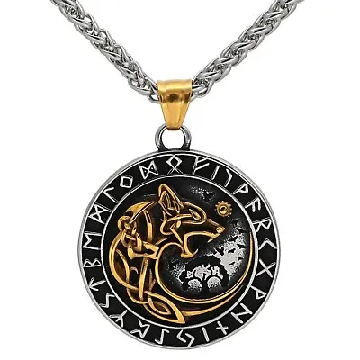 Viking Fenrir Necklace Gold Silver Stainless Steel Norse Rune Wolf Pendant • $28.99