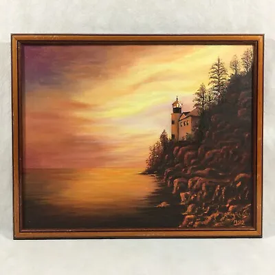 Vintage Framed Sunset Seascape Lighthouse Coastal Ocean Painting 16x20 Signed • $60