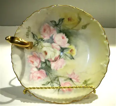 Antique T & V Limoges Artist Signed Handled Nappy Serving Plate Pink Roses 6   • $69