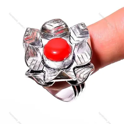 Natural Coral Gemstone Solitaire Red Ring Size 8.75 925 Sterling Silver Jewelry • $9.37