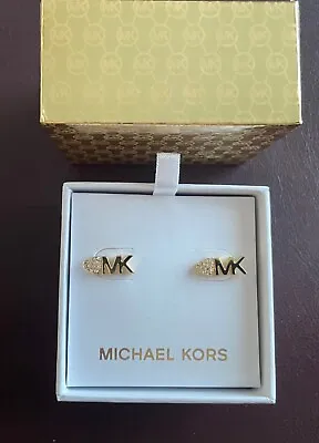 NWT MICHAEL KORS Gold Tone Heart Crystal MK Logo Stud Earrings MKJX7976710 • $32.99