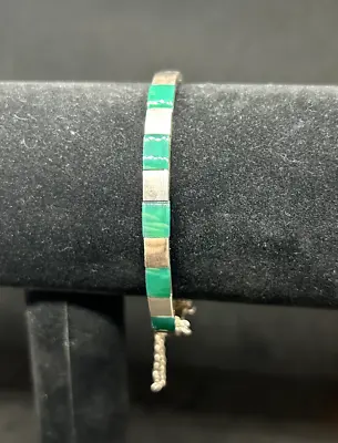 925 Sterling Silver Malachite Green Inlay 5mm Bangle Bracelet 7.5in - 10.35g • $29.99