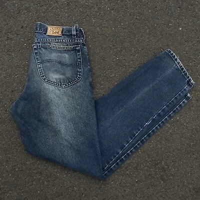 Vtg 90s Lee Riveted Men 32 X 34 Ripped Blue Denim Medium Dark Wash Jeans Pants • $25