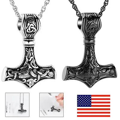 Nordic Viking Mjolnir Thor Hammer Cremation Jewelry Ashes Urn Memory Necklace • $8.99