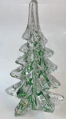 VTG Clear & Green Ribboned Crystal Art Glass Village Christmas Tree 6.5” • $35