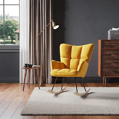 Accent Yellow Rocking Chair Upholstered Linen Tufted Leisure Single Sofa Rocker • £135.95