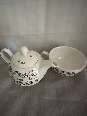 Harrods Knightsbridge Teapot & Cup Single Use Tea For One England White Green • $20