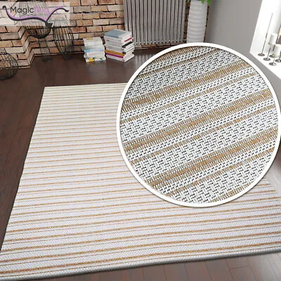 Mustard Cream Rug 100% COTTON Striped Woven Mat Large Small Runner Washable Mat • £31.99