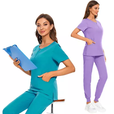 Women Scrub Sets Solid Zipper Top Jogger Pant Medical Nursing Scrub Uniform Set • $16.98