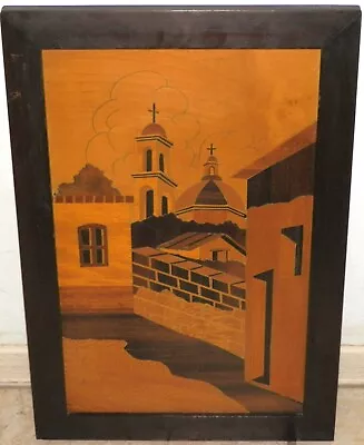 Vintage Wood Inlay Marquetry Picture Spanish Mission Church Scene 18  X 12  • $39.95