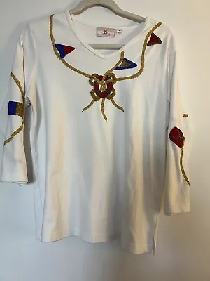 Quacker Factory Patriotic V-neck White T-shirt 3/4 Sleeves Beaded Nautical Sz M • $17.88