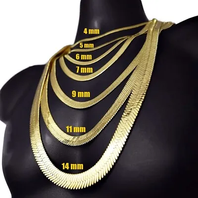 Mens 14K Gold Plated Herringbone Chain Flat Hip Hop Necklace 20 -30  4MM-14MM • $29.95