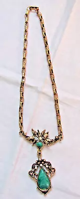 Vintage Pendant Necklace Unusual Ornate Form Goldtone Metal Green Stones Pearls • $7.95