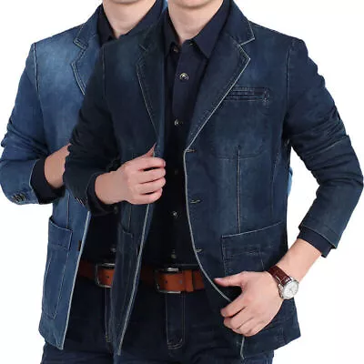 UK Mens Casual Blazer Denim Jeans Jacket Long Sleeve Slim Fit Suit Coat XL • $31.25