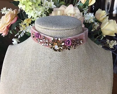 Vintage 1980's Velvet Ribbon  Flower Choker Necklace   • $12