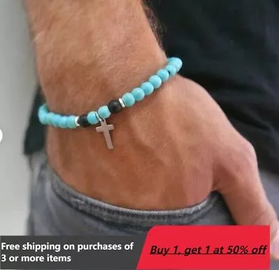 Mens Bohemian Cross Bracelet Turquoise Beaded Bracelet Boho Bracelets Gifts • $3.89