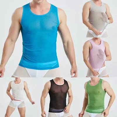 Men's Sport Gym Tank Top Sheer Mesh String Muscle Vest Elastic And Breathable • £6.57