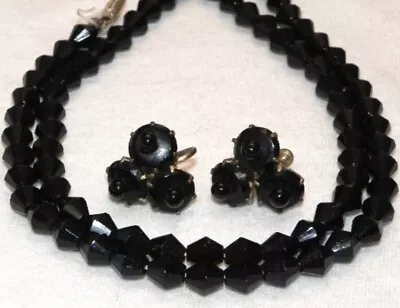 Vintage Black Bicone Glass Bead 30  Necklace Screw Back Earring Set West Germany • $8