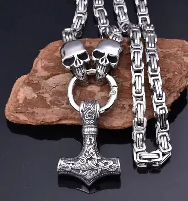 Men's Stainless Steel Thor's Hammer Mjolnir Pendant Byzantine Skull Necklace • $18.99