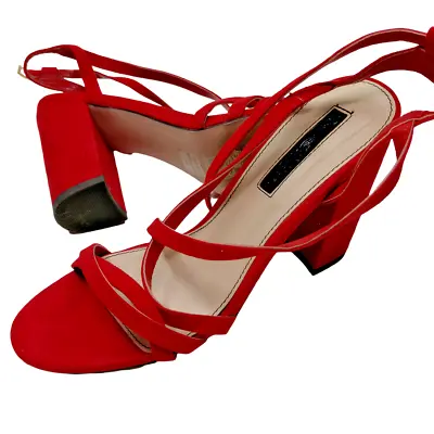 Bright Red Strappy Block Heel Shoes UK Size 4 Euro 37 Miss Selfridge Open Toes • £16