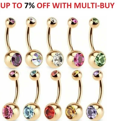 £1.99 • Buy Belly Bar Surgical Steel Double Crystal Gem Navel Bar Button Ring Cubic Zirconia