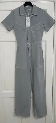 Zara Blue Grey Collared Straight Leg Soft Cotton Jumpsuit With Pockets Size S • £29.99