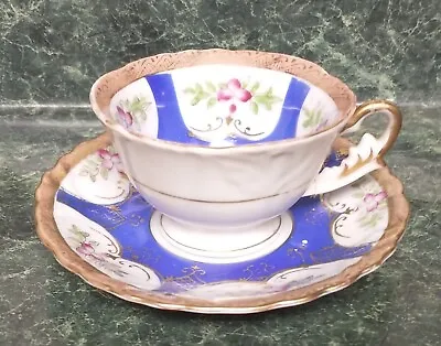 Vintage UCAGCO China Tea Cup Saucer  Blue W/Gold Accents Flower Design  • $4.99