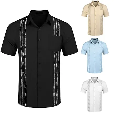 £20.26 • Buy Men's Short Sleeve Linen Shirt Cuban Beach Tops Pocket Guayabera Shirts UK