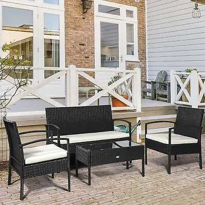 4PC Rattan Sofa Bistro Set Outdoor Garden Patio Wicker Chairs Table Conservatory • £199.99