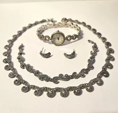 Sterling Silver Marcasite Jewelry Set Necklace Bracelet Earrings Watch Rare • $342.63