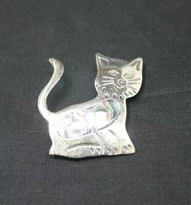 Vintage Silver Tone Cat Pin Brooch With Abalone Inlay • $19