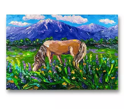 Wild Horse Oil Painting Wyoming Landscape Original Art Mountain Impasto 8x12 In • £84.33