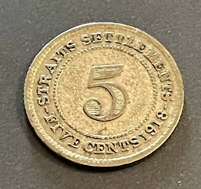 Straits Settlements 1918 5 Cents Coin • $9.95