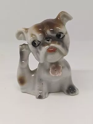 Vintage Bone China Dog Figurine Bulldog  Scratching Miniature • $8.50