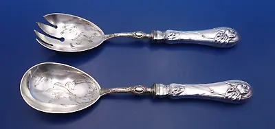 Antique 800 Silver Salad Serving Set With Bright Cut Flowers On Bowl • $126.65