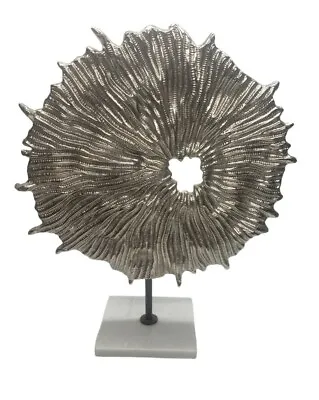 Vintage Abstract Sculpture Ridged Circular On Marble Stand Silver Tone Stunning • $249