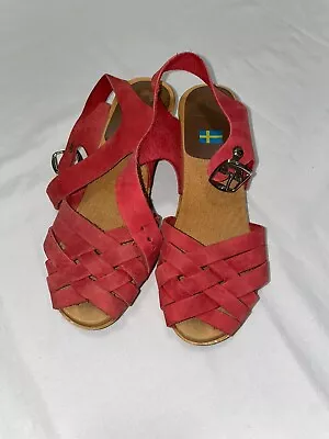 Moheda Red Suede Woven Wooden Clog Sandals Made In Sweden Womens Size EU 36 • $29.99