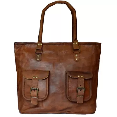 Leather Tote Bag Vintage Style Women's Shoulder Brown Handmade College Handbag • $72.05